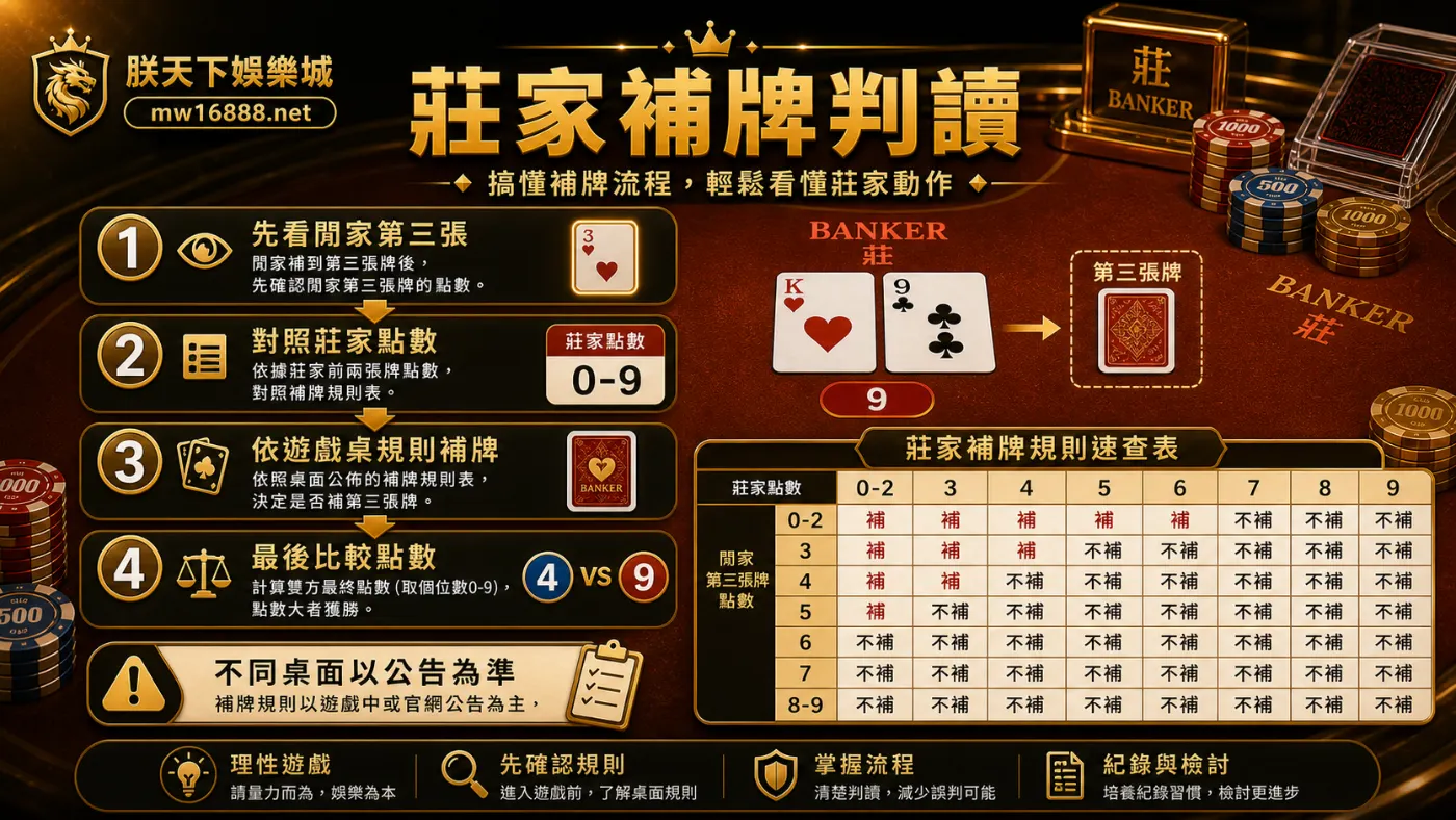 莊家補牌判讀|朕天下娛樂城 百家樂莊家補牌判讀資訊圖