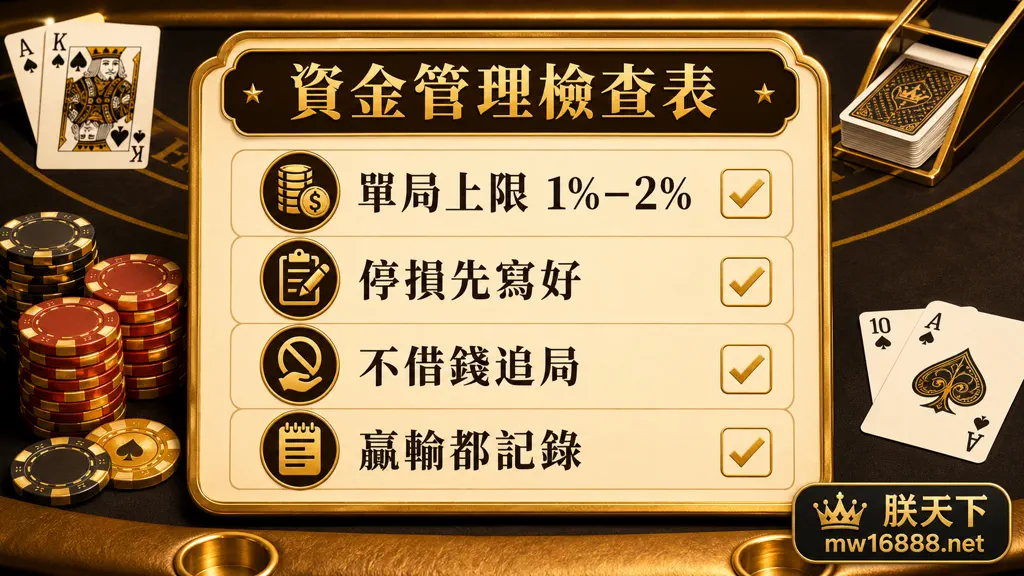 21點資金管理檢查表,提醒單局上限、停損、不借錢追局與紀錄