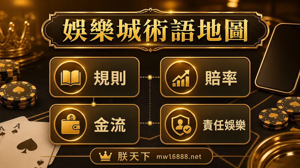 娛樂城術語地圖，分成規則、賠率、金流與責任娛樂四類