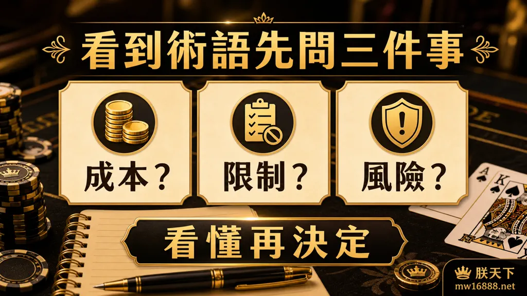 娛樂城術語風險三問圖，提醒看成本、限制與風險再決定