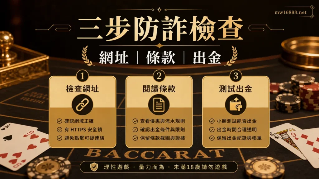 三步防詐檢查圖，提醒玩家確認網址、條款與出金流程