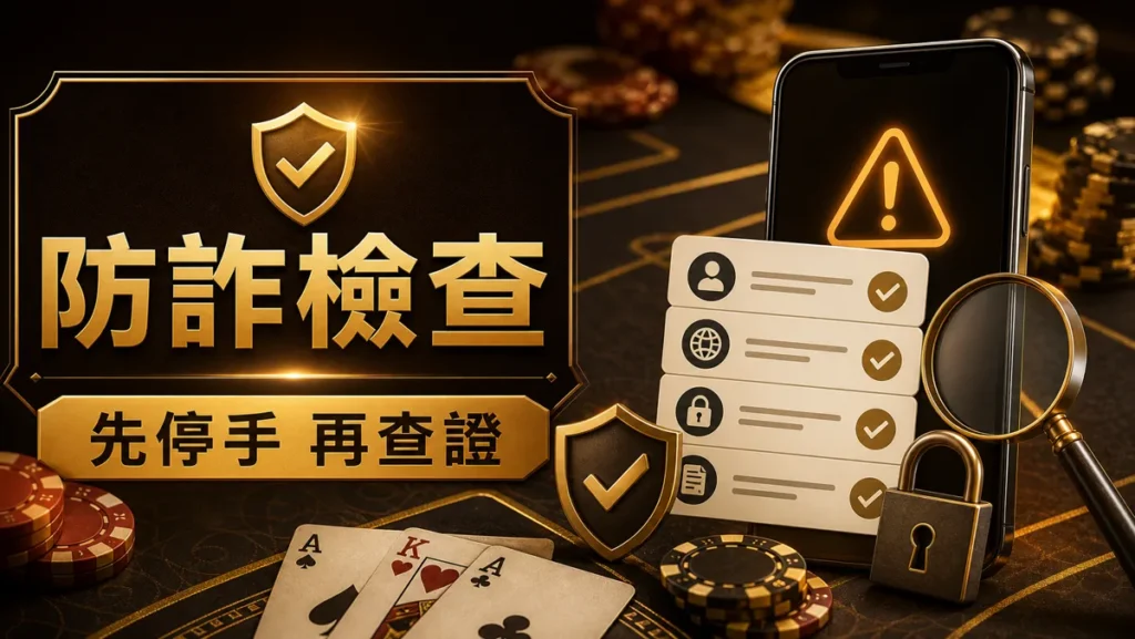 娛樂城詐騙心理防詐檢查示意圖，提醒玩家先停手再查證