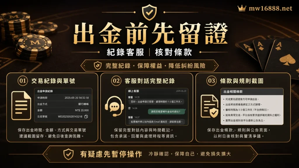 娛樂城出金前留證 出金前留證圖,提醒保存交易編號、客服紀錄與條款截圖