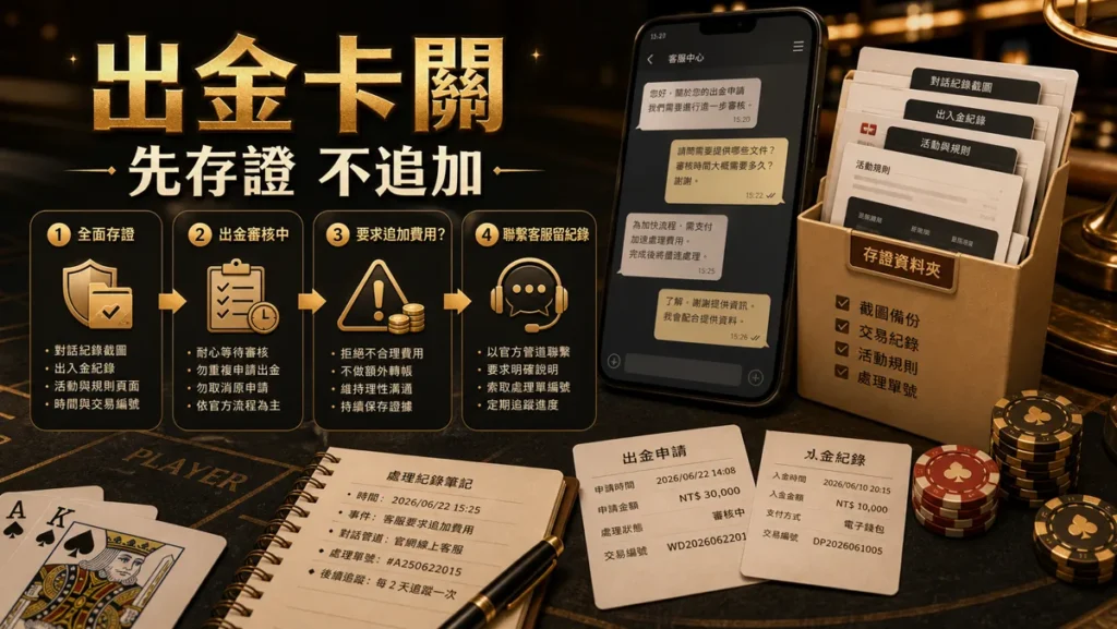 娛樂城出金卡關時保存證據並停止追加付款的示意圖