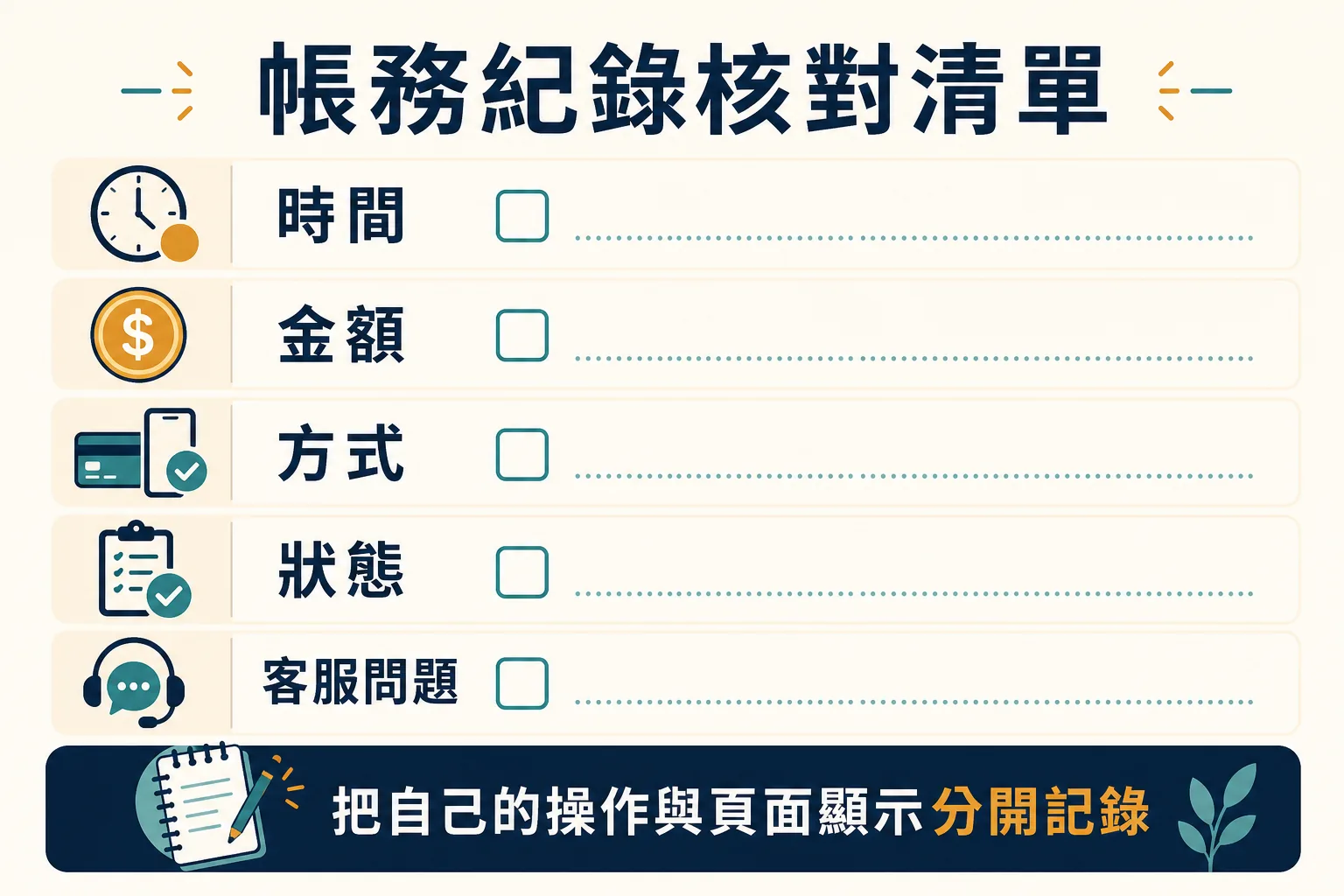 帳務紀錄核對清單 帳務紀錄核對清單,對照時間、金額、方式、狀態與客服問題