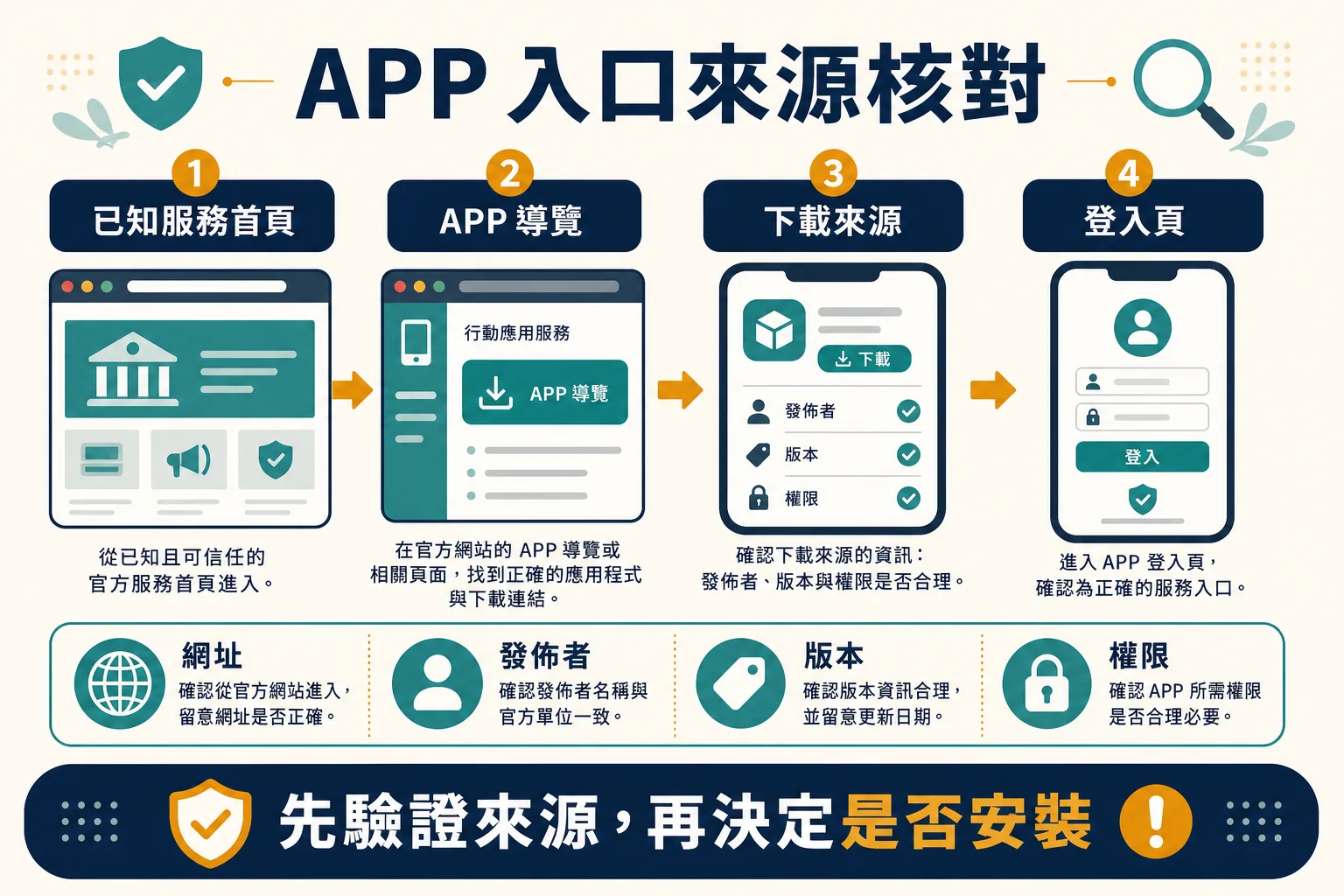 APP 入口來源核對 APP 導覽、網頁版與安裝檔來源核對流程資訊圖