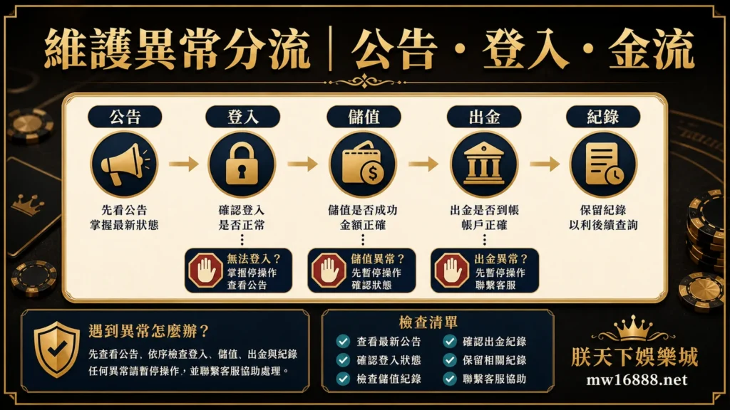 朕天下娛樂城維護異常分流,整理公告登入與金流排查