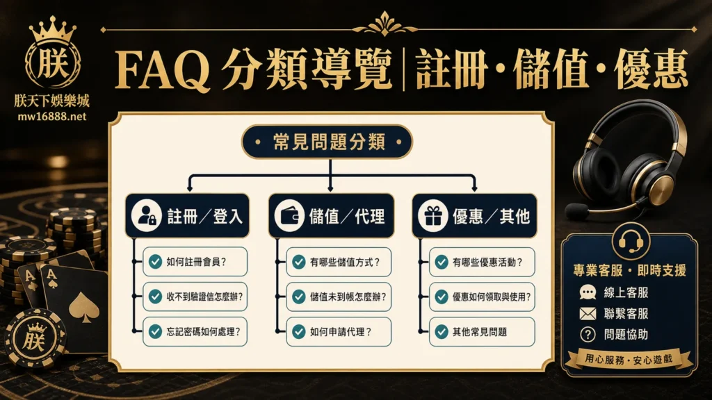 朕天下娛樂城 FAQ 分類導覽,整理註冊儲值與優惠入口