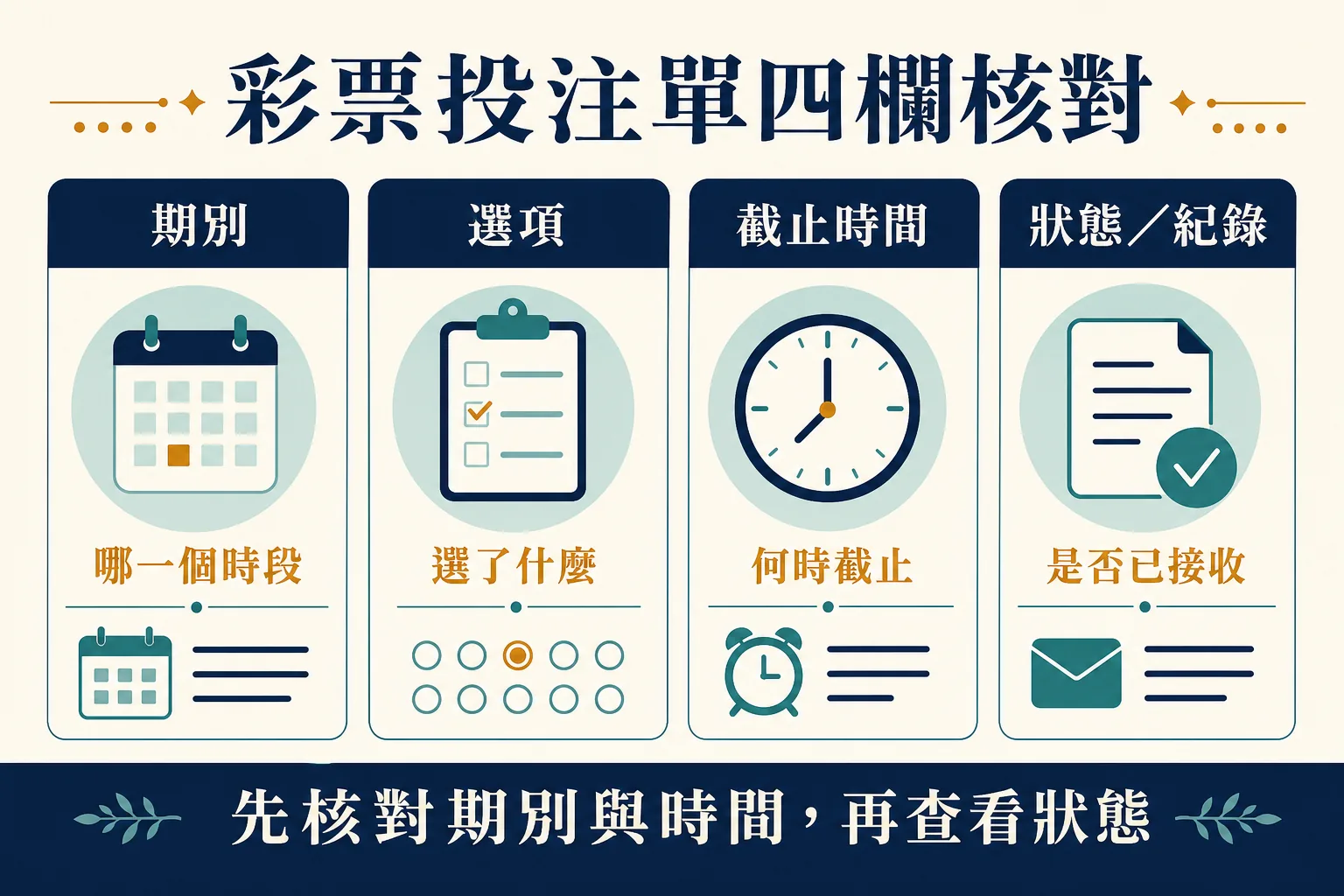 彩票投注單四欄核對 彩票投注單的期別、選項、截止時間與狀態紀錄四欄資訊圖