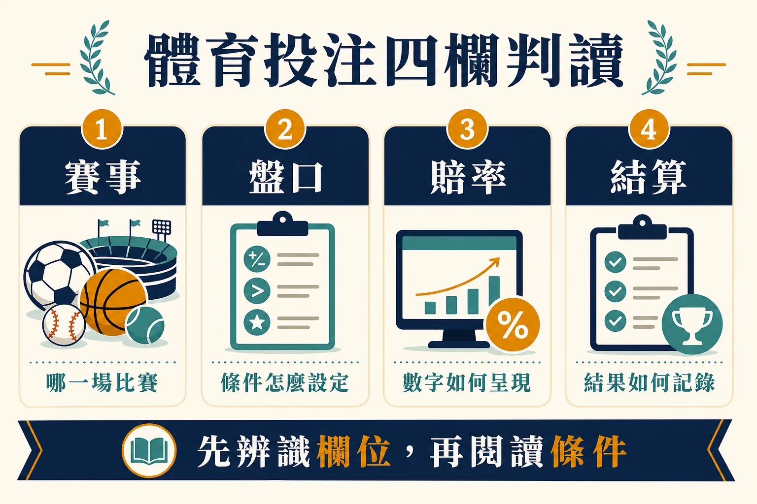 體育投注賽事、盤口、賠率與結算四個欄位的資訊圖