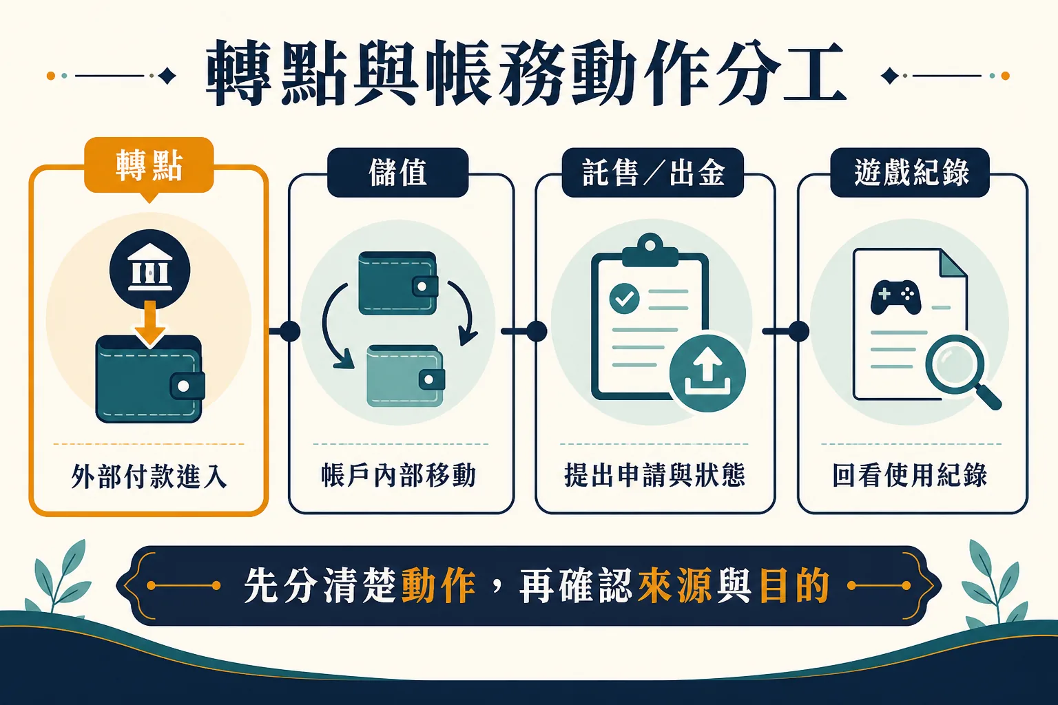 轉點與帳務動作分工 轉點與儲值、託售、出金、遊戲紀錄分工的概念圖