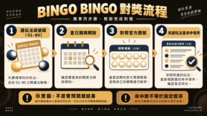 BINGO BINGO 對獎四步示意：選玩法和 01–80 號碼、選日期期別、核對官方獎號，再依玩法查命中條件；空白號碼球不是實際結果