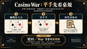 Casino War 平手處理流程：翻牌比大小，若點數相同先核對該版本規則，退回或進入 War 等選項依條文而定