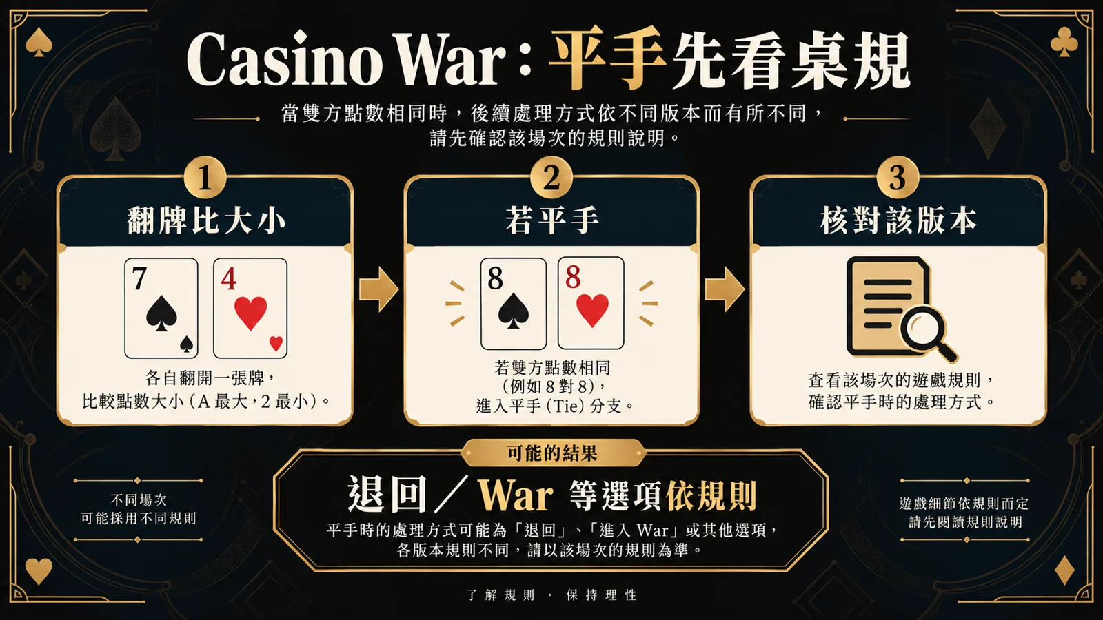 Casino War 平手分支 Casino War 平手處理流程:翻牌比大小,若點數相同先核對該版本規則,退回或進入 War 等選項依條文而定