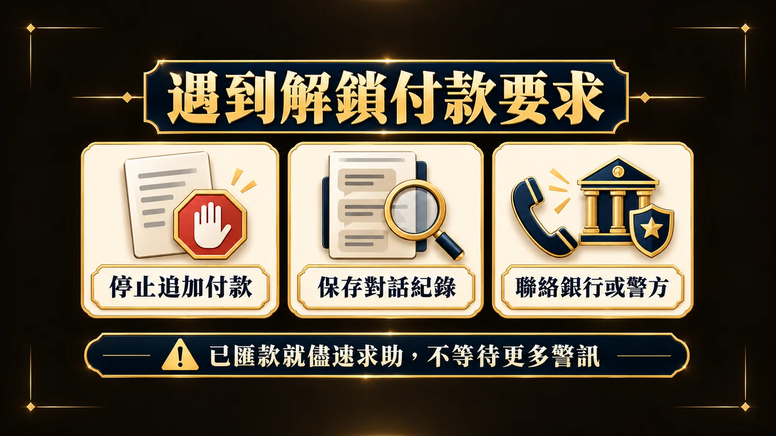 遇到解鎖付款要求時停止追加付款、保存對話並聯絡銀行或警方的概念圖