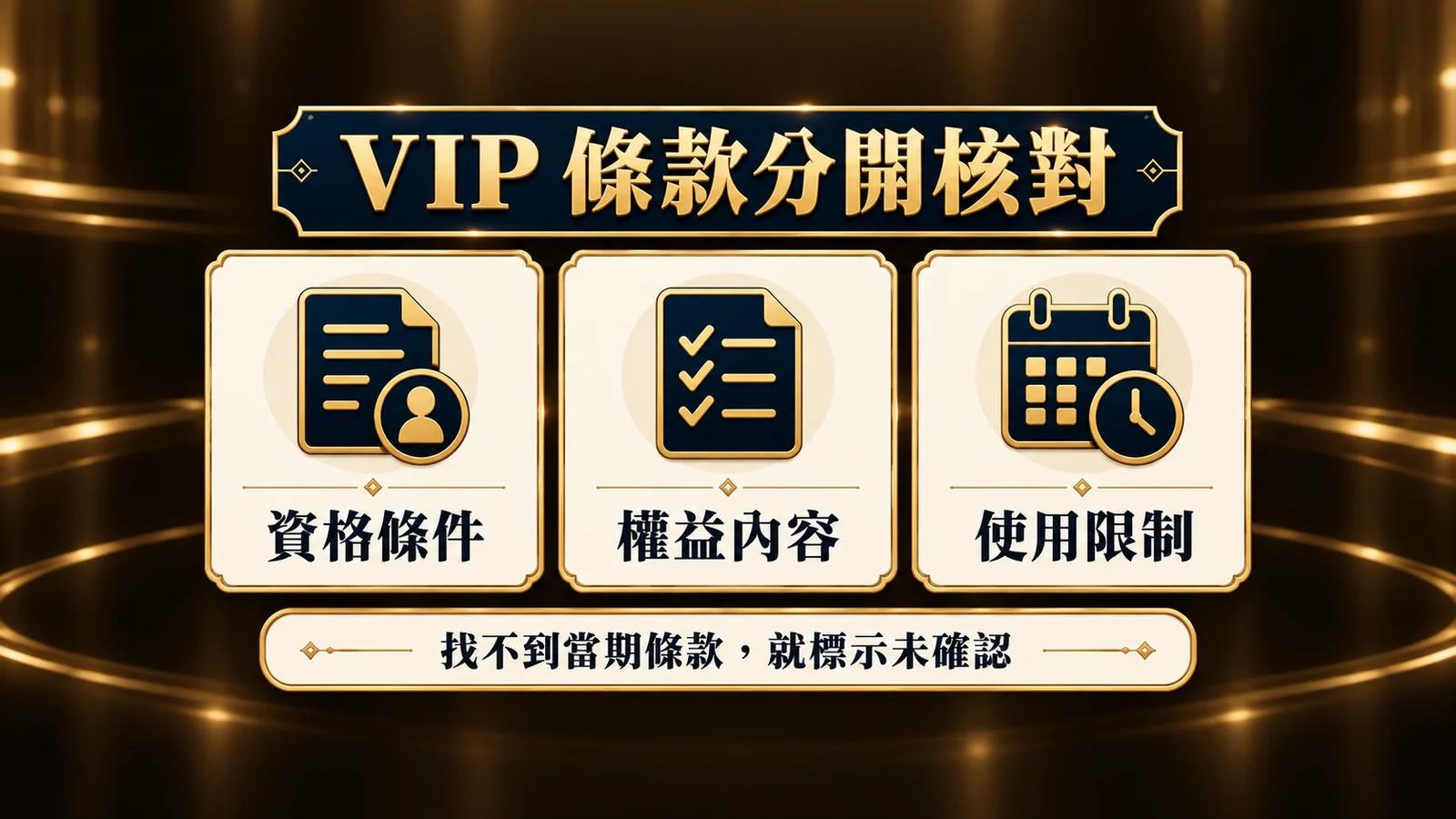 VIP 條款的資格條件、權益內容與使用限制分開核對概念圖