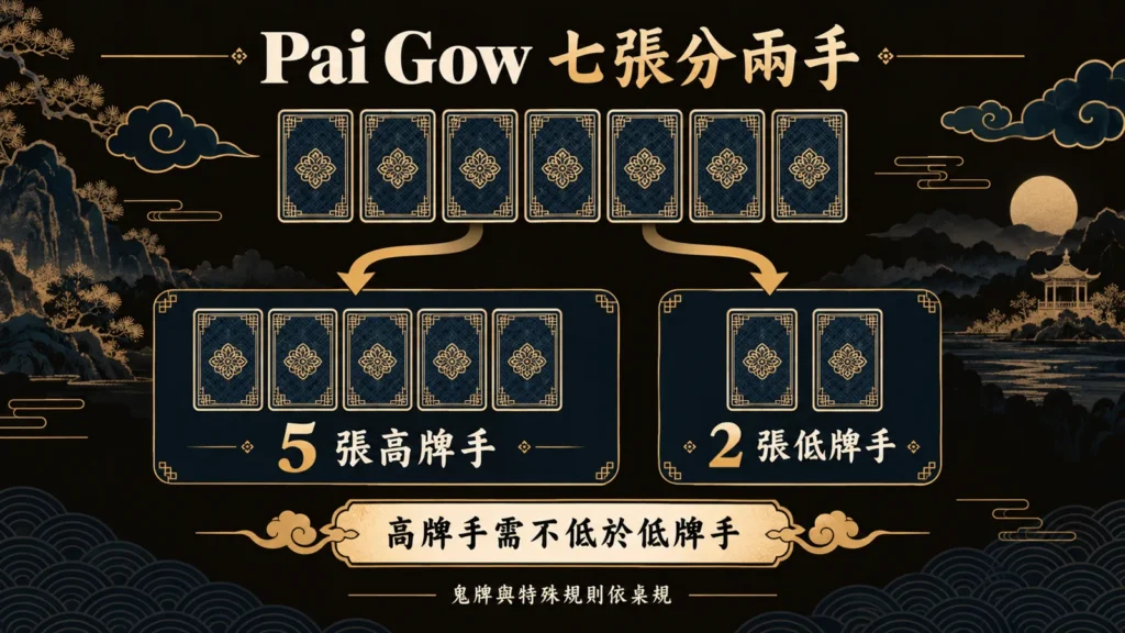 Pai Gow Poker 七張牌拆分成五張高牌手與兩張低牌手,並標示五張高牌手需不低於低牌手