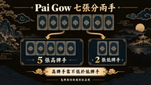 Pai Gow Poker 七張牌拆分成五張高牌手與兩張低牌手，並標示五張高牌手需不低於低牌手