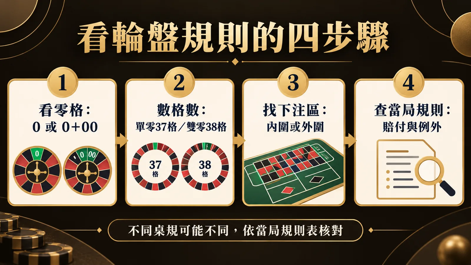看輪盤規則的四步驟 辨認零格、核對格數、找下注區並查看當局規則表的四步驟