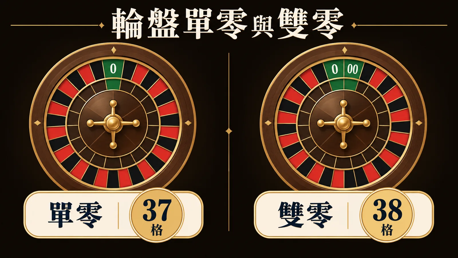 單零與雙零的格數差異 單零輪盤以0格示意共37格,雙零輪盤以0與00格示意共38格