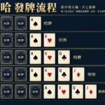 七張牌梭哈街次圖：第三街兩張暗牌一張明牌，第四至第六街各一張明牌，第七街一張暗牌；依賓州規則樣本整理